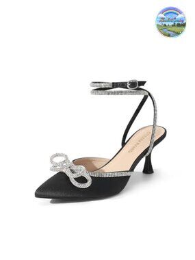 Rhinestone Bow Ankle Strap Closed Toe Kitten Heels Pointed Toe Slingback Pumps